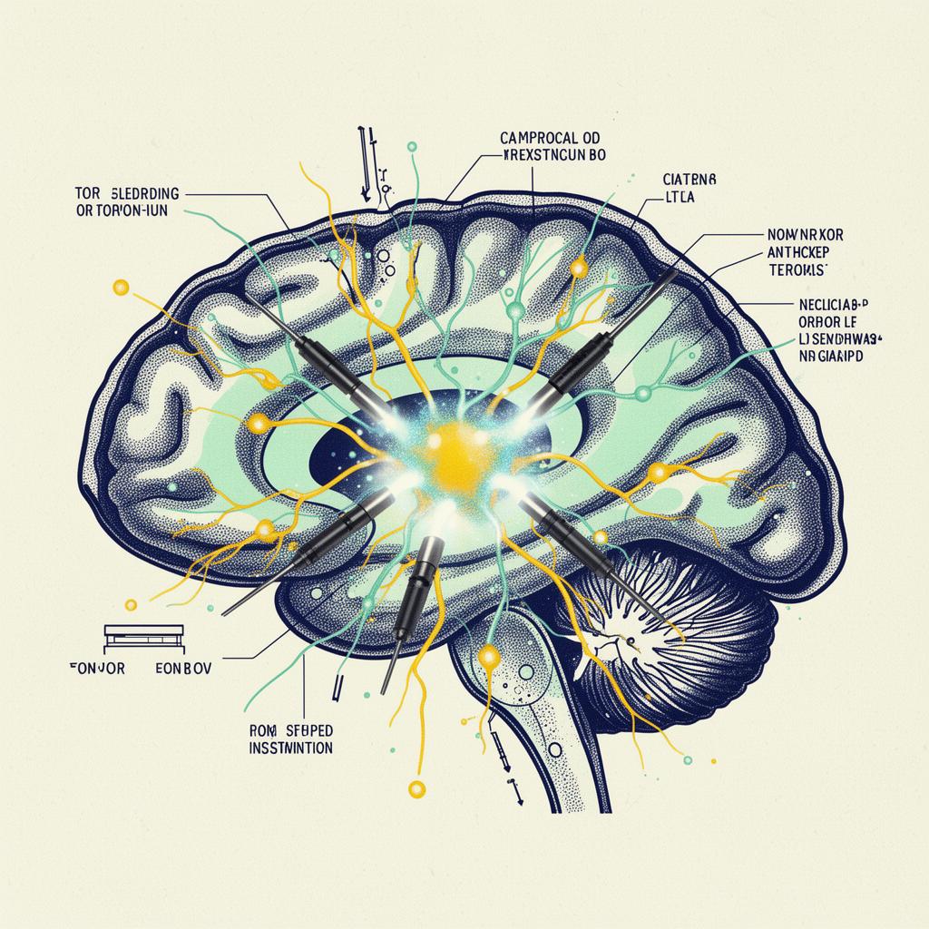 Cross-section diagram of a brain with neural electrodes meeting glowing synapses, risograph style