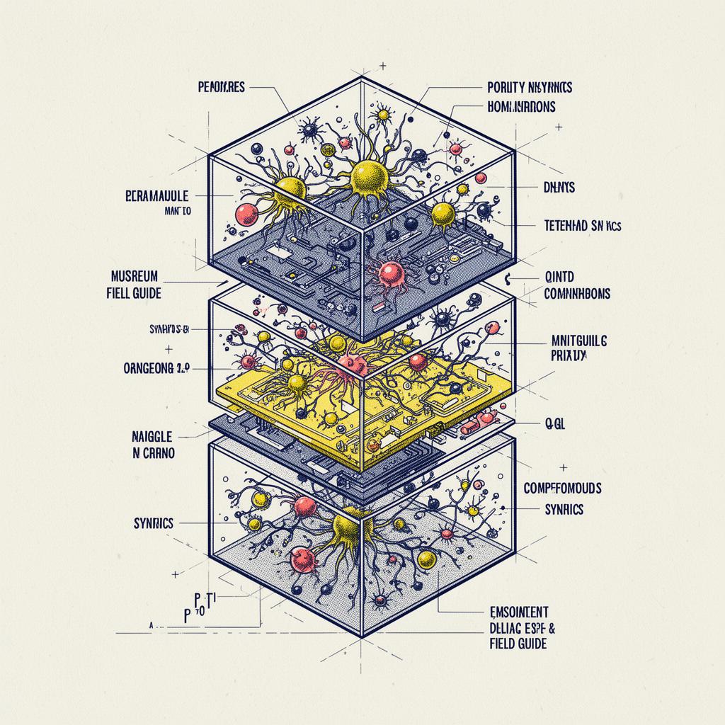 Exploded diagram of a layered cognitive architecture: hardware, learning, memory, and reasoning stacked as translucent cubes