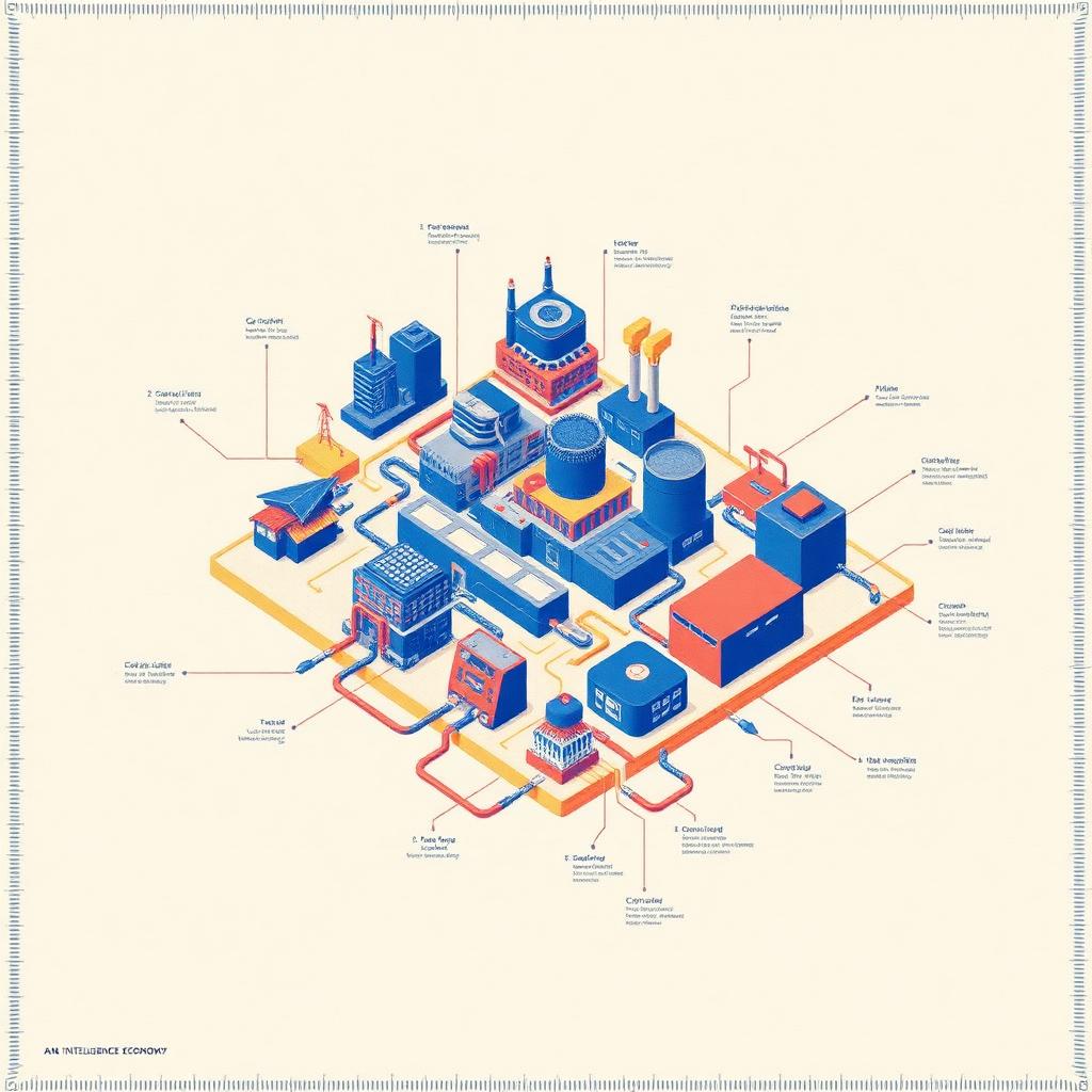 Isometric diagram of the intelligence economy showing compute factories, data pipelines, and currency flows interlinked - risograph field plate.