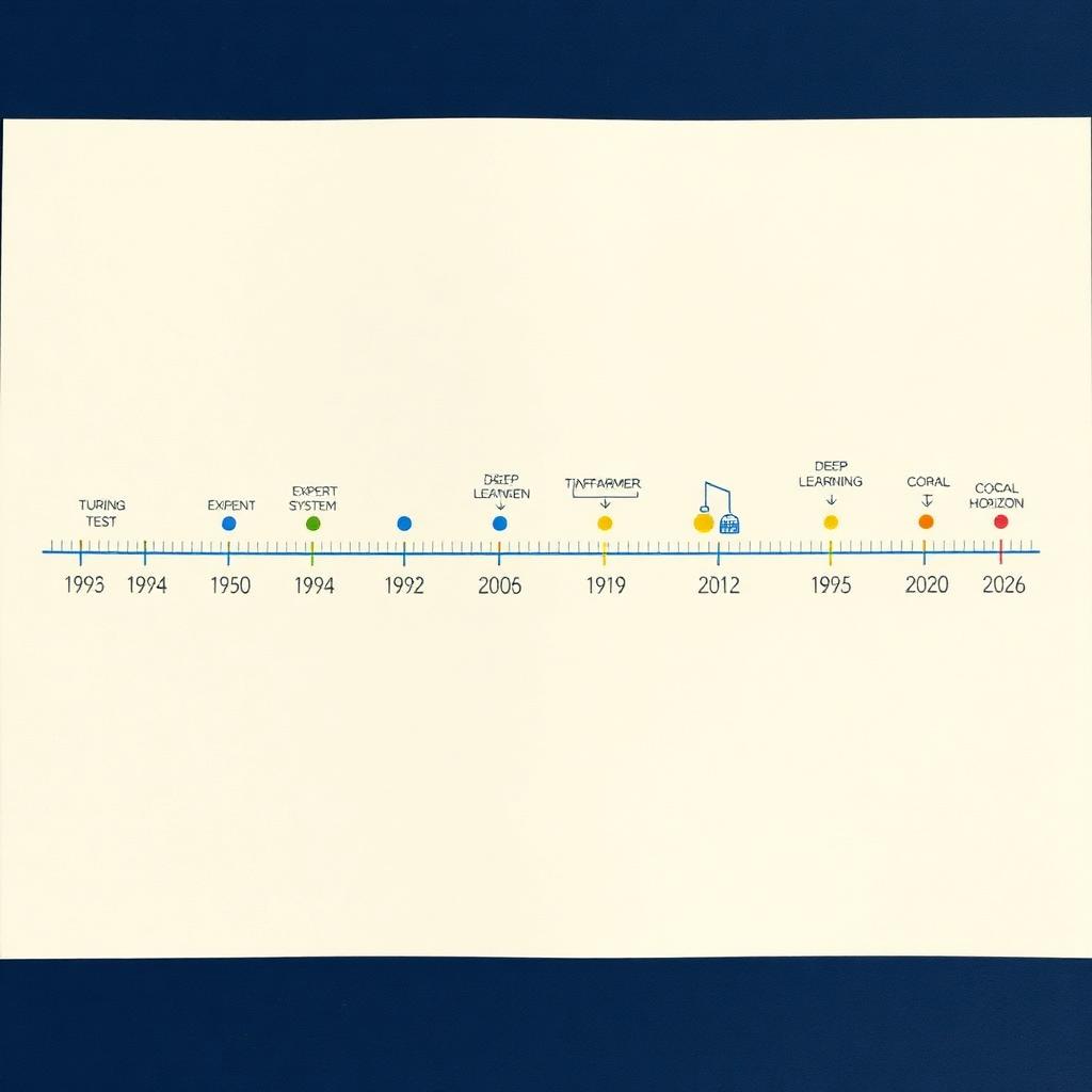 Horizontal timeline of artificial intelligence milestones from 1950 to 2026 with annotated marker dots - risograph field plate.