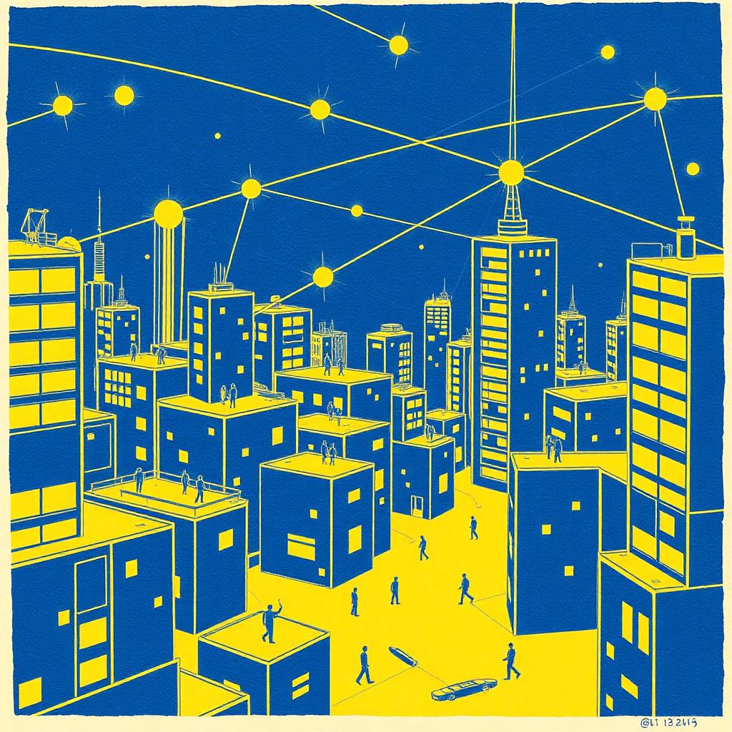 Risograph illustration of a future business landscape with AI-augmented operators
