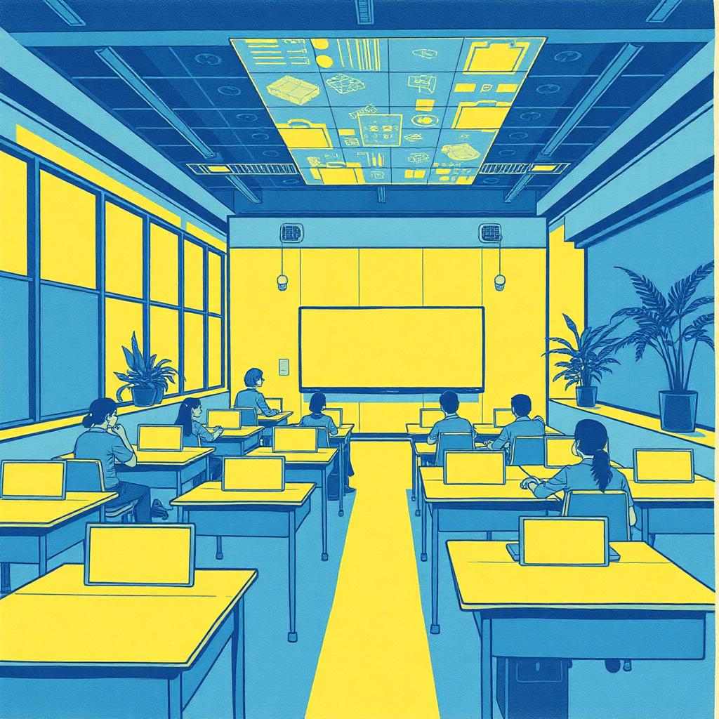 Risograph illustration of a future classroom with AI co-teachers and personalised learning panels