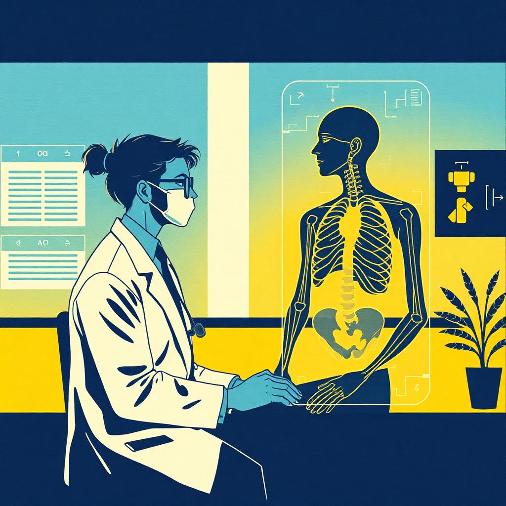 Risograph illustration of a future healthcare environment with AI diagnostics and a clinician