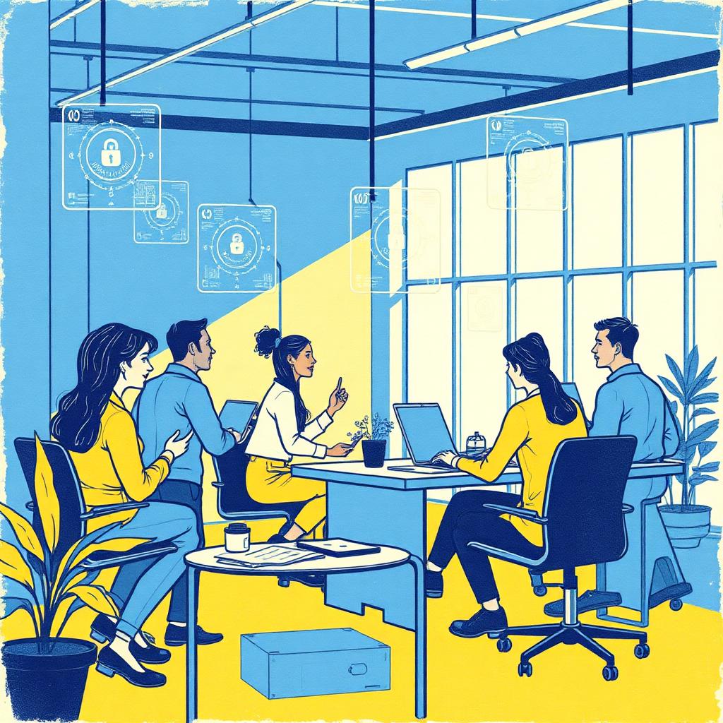 Risograph illustration of a future workplace with human-AI teams