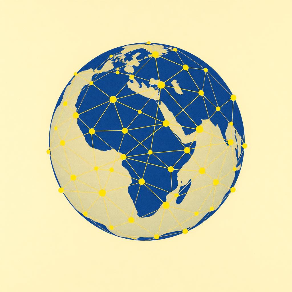 Risograph illustration of a global intelligence and governance network