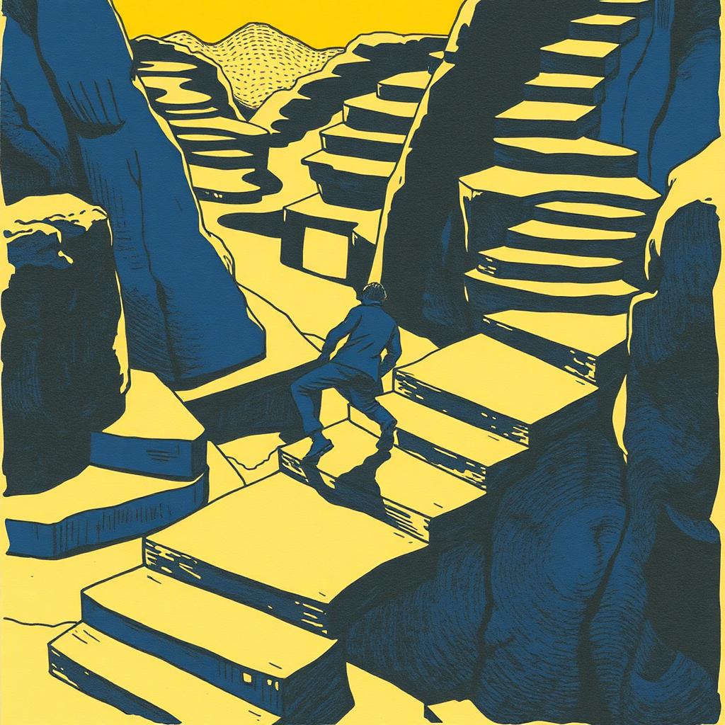 A flexible figure stepping between paths in a shifting terraced landscape