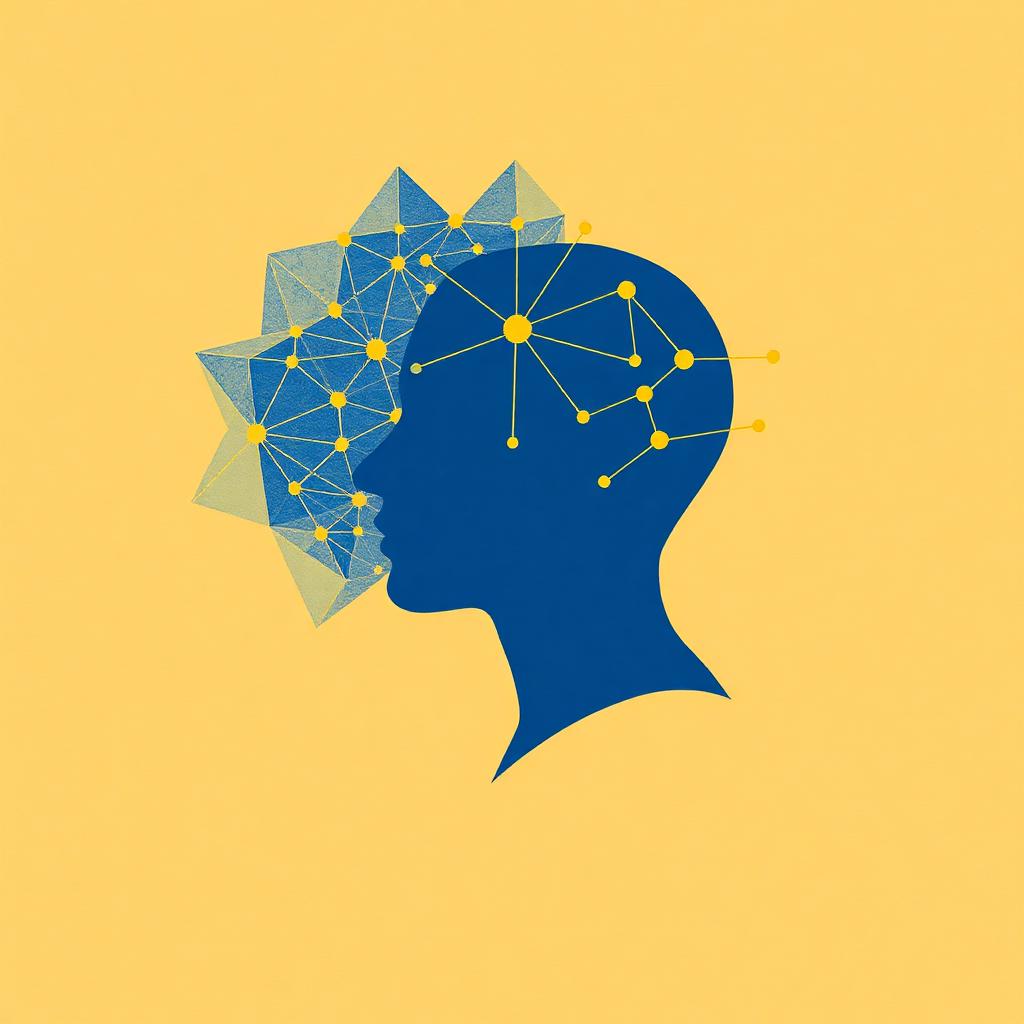 Risograph illustration of a human silhouette with neural pathways connecting to a geometric digital lattice